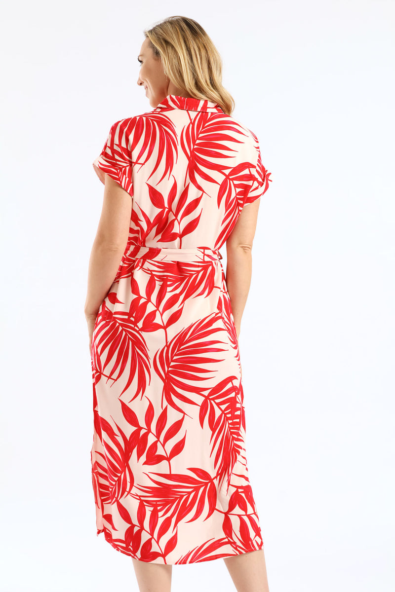 Belted Printed Midi Shirt Dress - Stone/Red