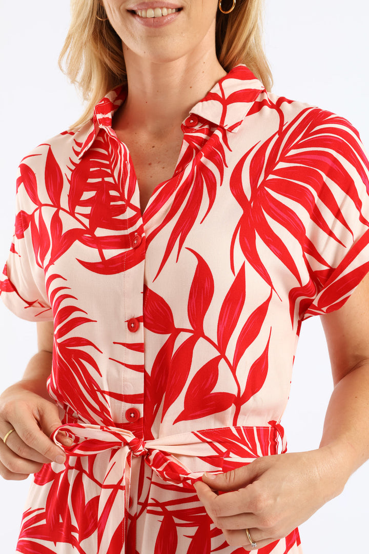 Belted Printed Midi Shirt Dress - Stone/Red