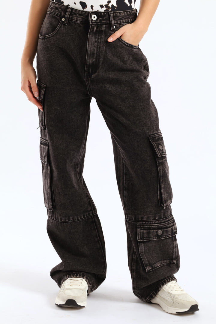 Cargo Wide Leg Denim - Salty Black