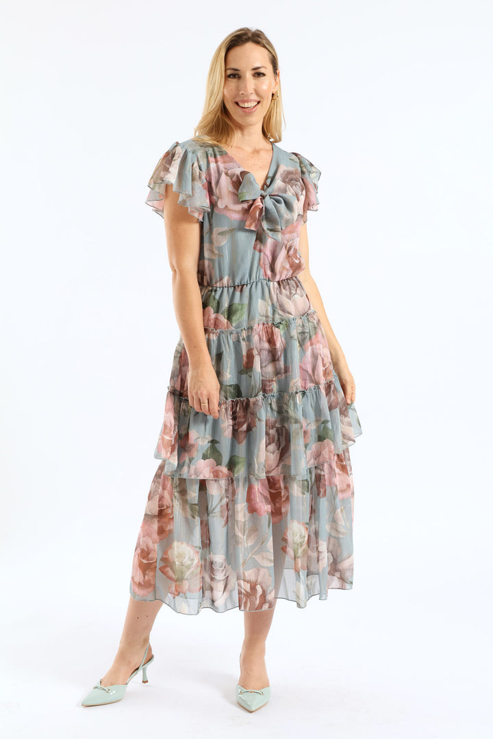 Tie Front Floral Flutter Sleeve Maxi Dress - Sage