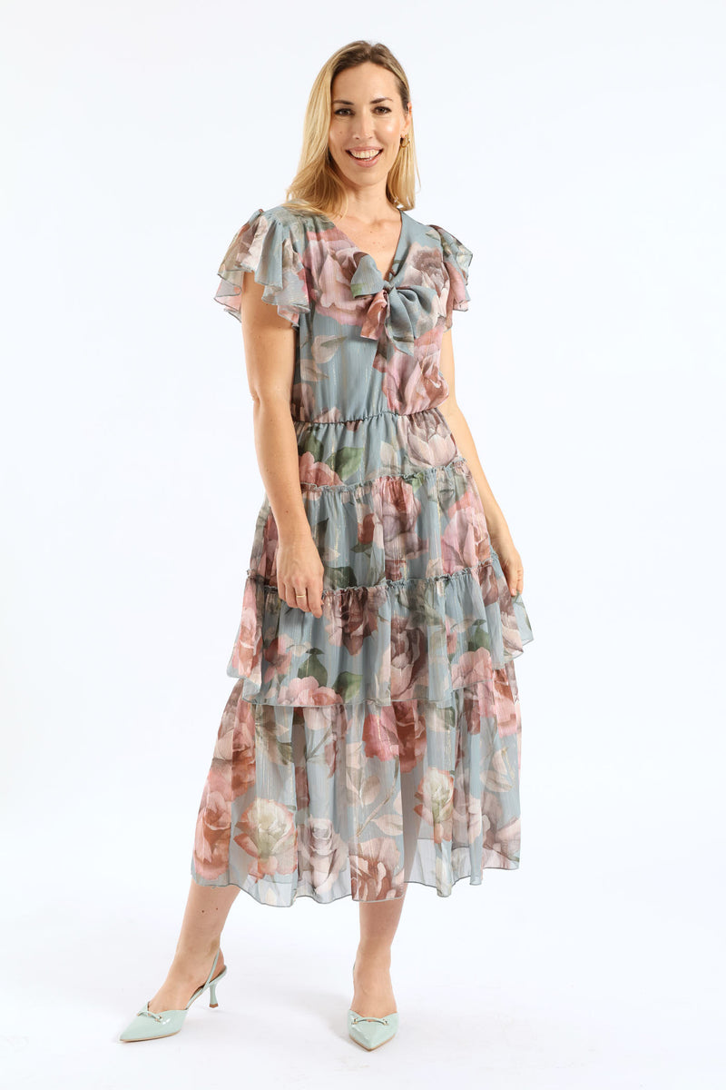 Tie Front Floral Flutter Sleeve Maxi Dress - Sage