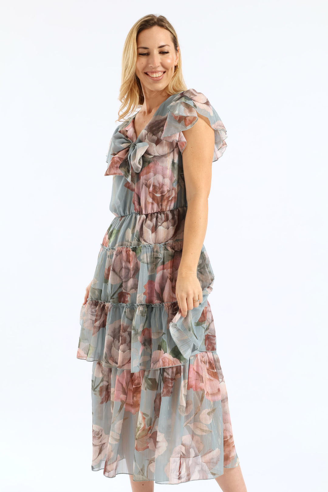 Tie Front Floral Flutter Sleeve Maxi Dress - Sage