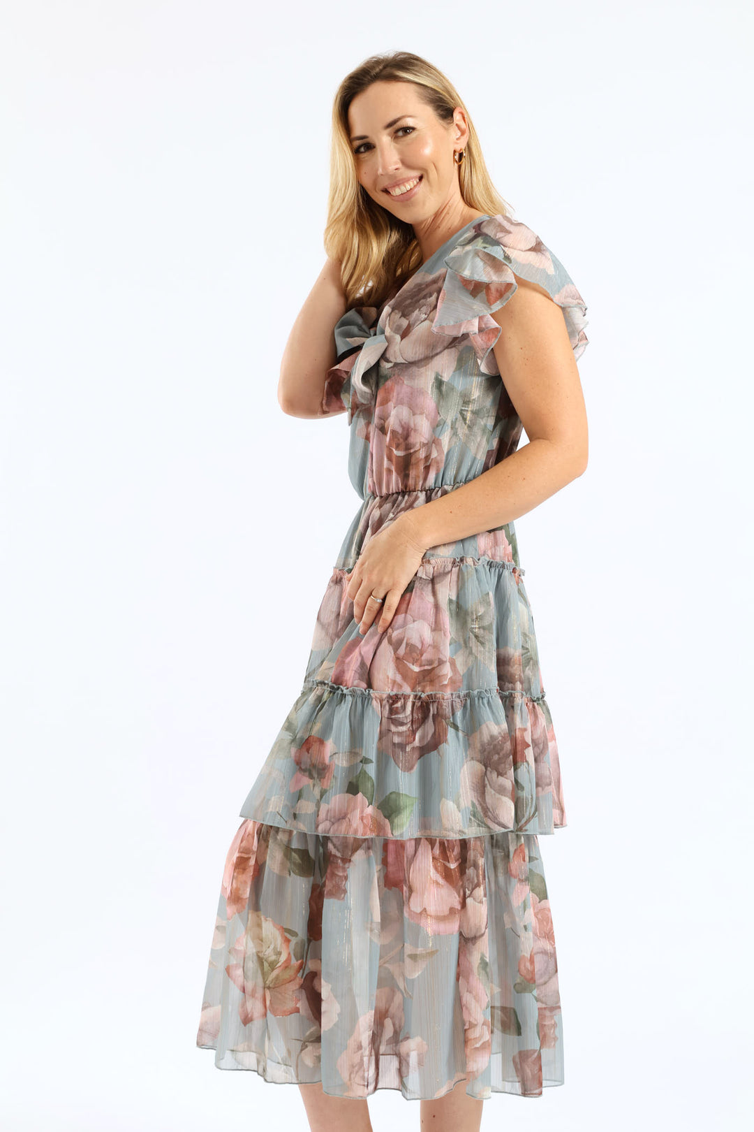 Tie Front Floral Flutter Sleeve Maxi Dress - Sage