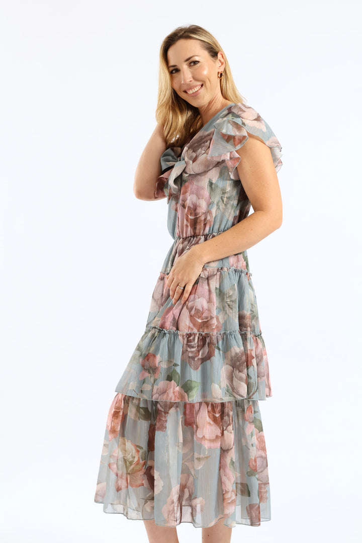 Tie Front Floral Flutter Sleeve Maxi Dress - Sage
