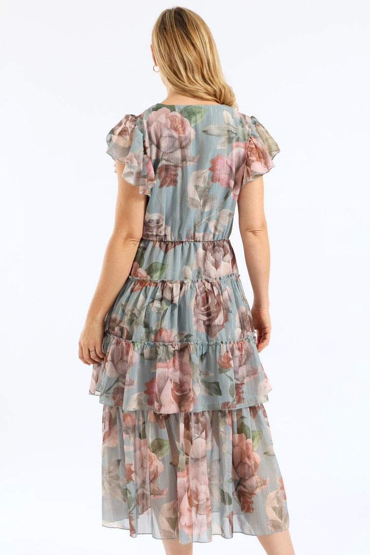 Tie Front Floral Flutter Sleeve Maxi Dress - Sage