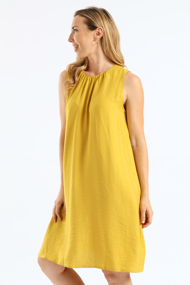 Gauged Neck Shift Mini Dress - Ochre