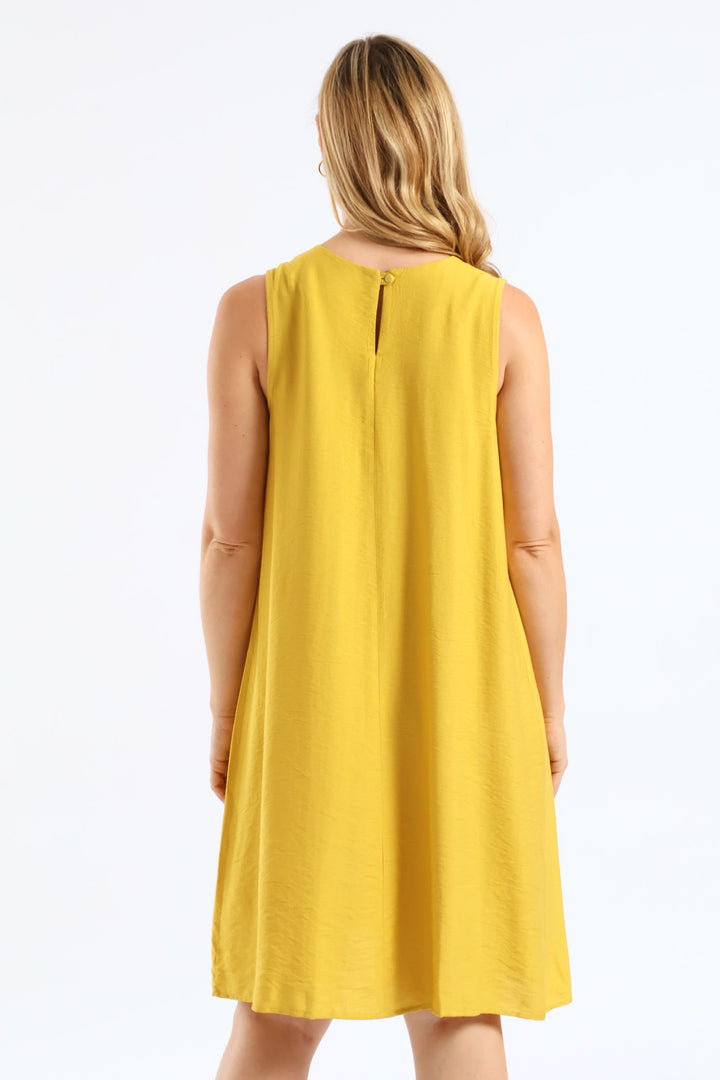 Gauged Neck Shift Mini Dress - Ochre