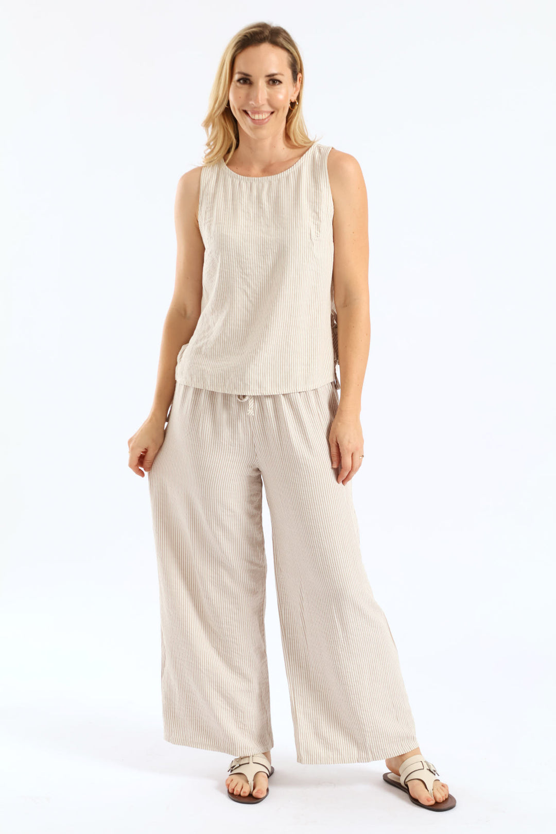 Pinstripe Shell Side Ties Tank - White/Beige