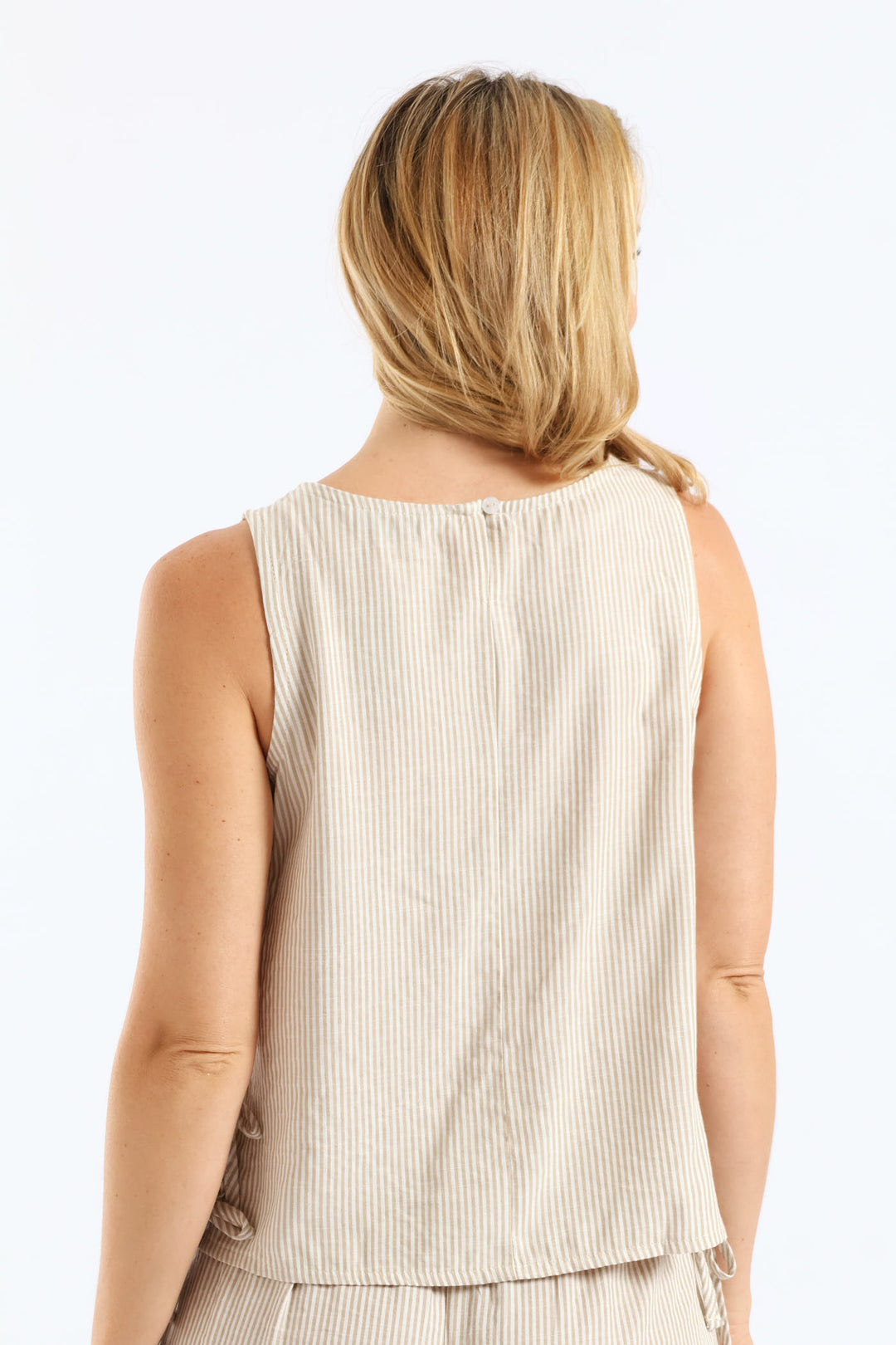 Pinstripe Shell Side Ties Tank - White/Beige