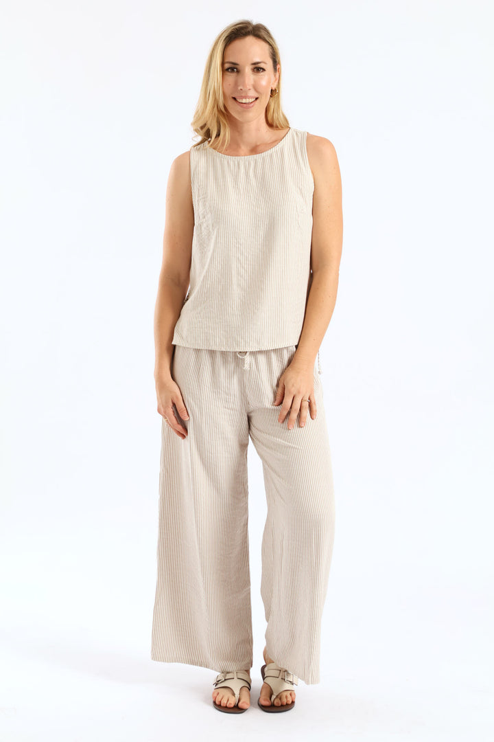 Pull-On Linen Wideleg Pants - White/Beige