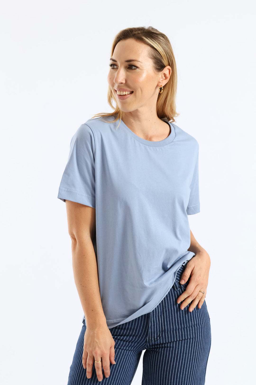 Rib Neck Cotton Boxy Tee - Pale Blue