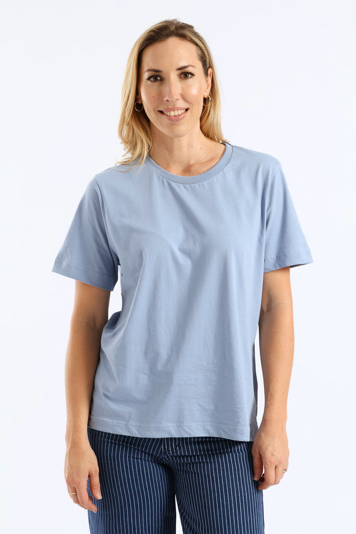 Rib Neck Cotton Boxy Tee - Pale Blue
