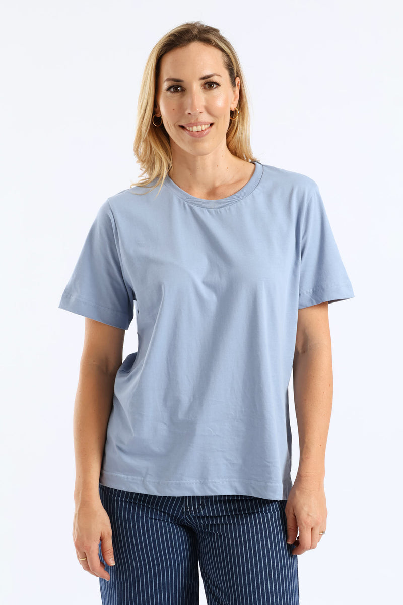 Rib Neck Cotton Boxy Tee - Pale Blue