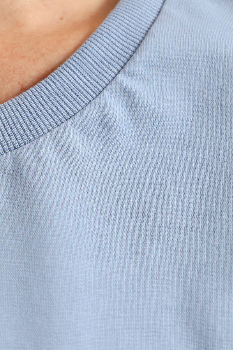 Rib Neck Cotton Boxy Tee - Pale Blue