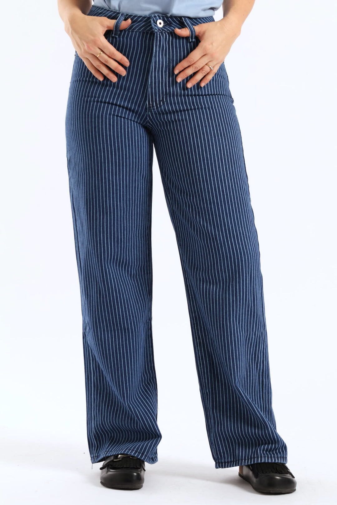 Hi Rise Pinstripe Wide Leg Denim - Raw Wash