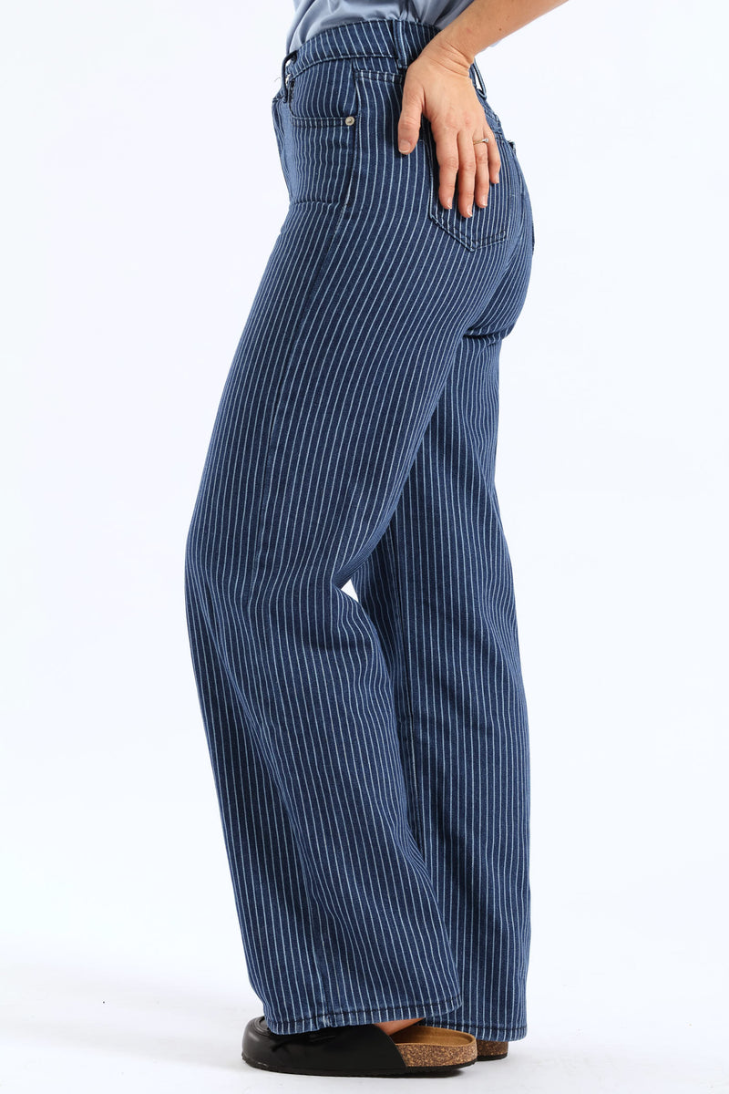 Hi Rise Pinstripe Wide Leg Denim - Raw Wash