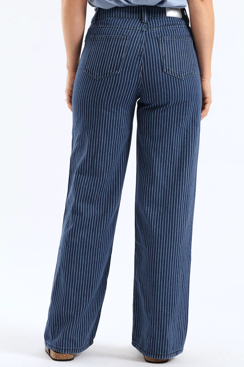 Hi Rise Pinstripe Wide Leg Denim - Raw Wash
