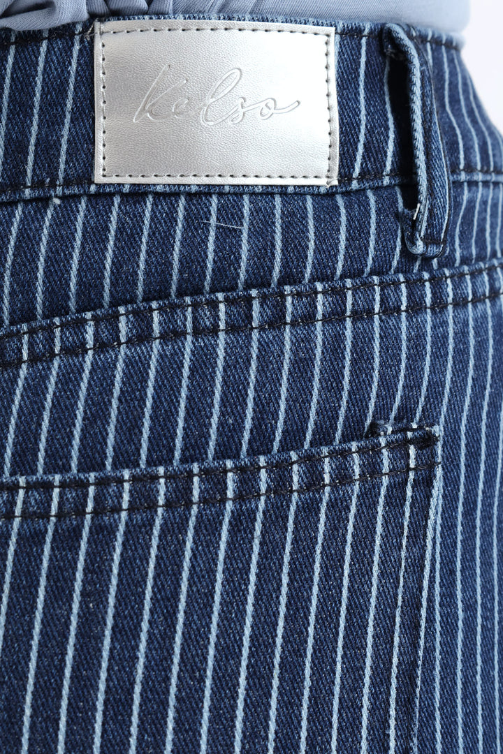 Hi Rise Pinstripe Wide Leg Denim - Raw Wash