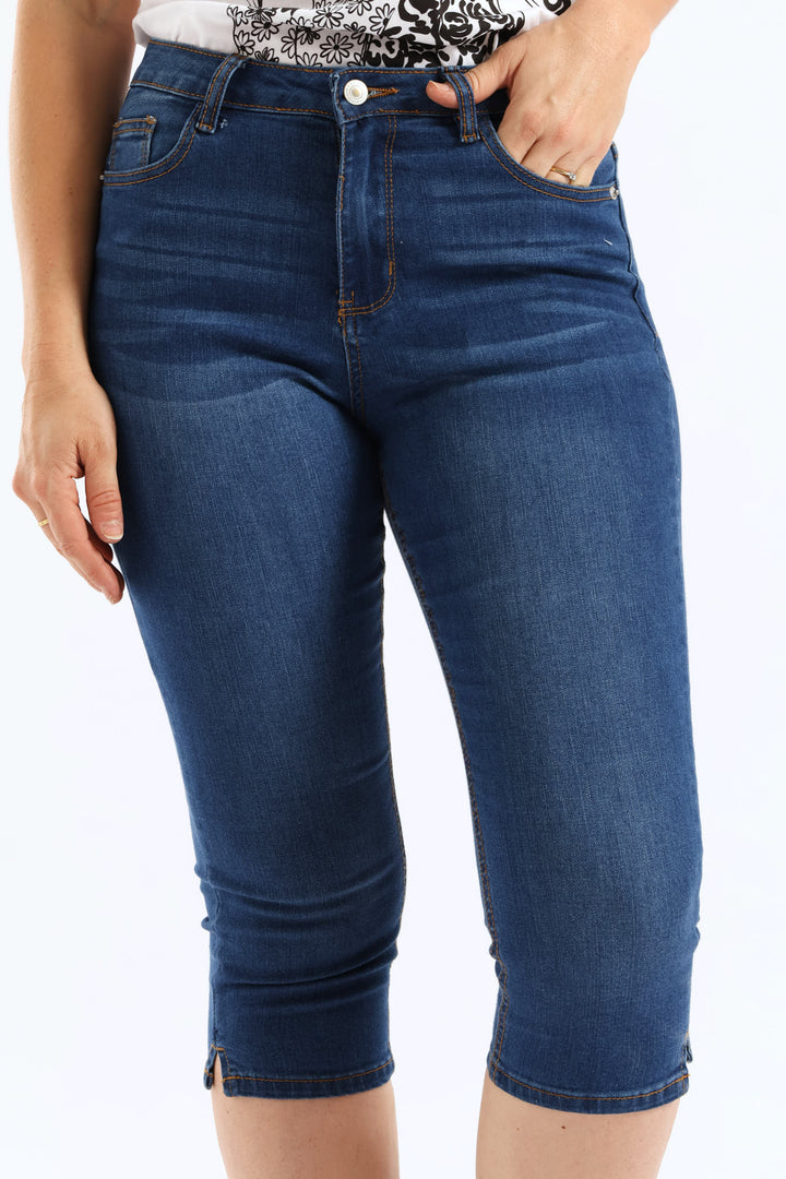 Split Hem Skinny Supersoft Denim Capri Short - Mid Wash