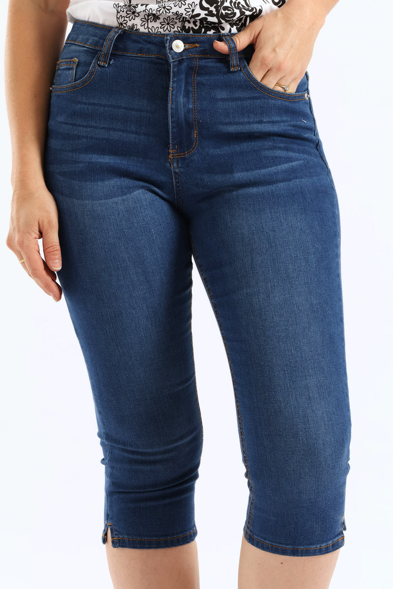 Split Hem Skinny Supersoft Denim Capri Short - Mid Wash