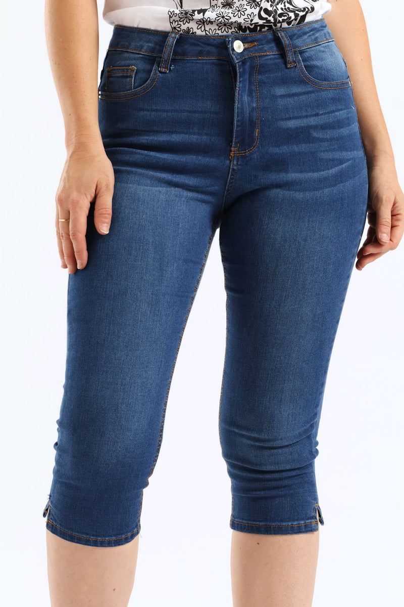 Split Hem Skinny Supersoft Denim Capri Short - Mid Wash