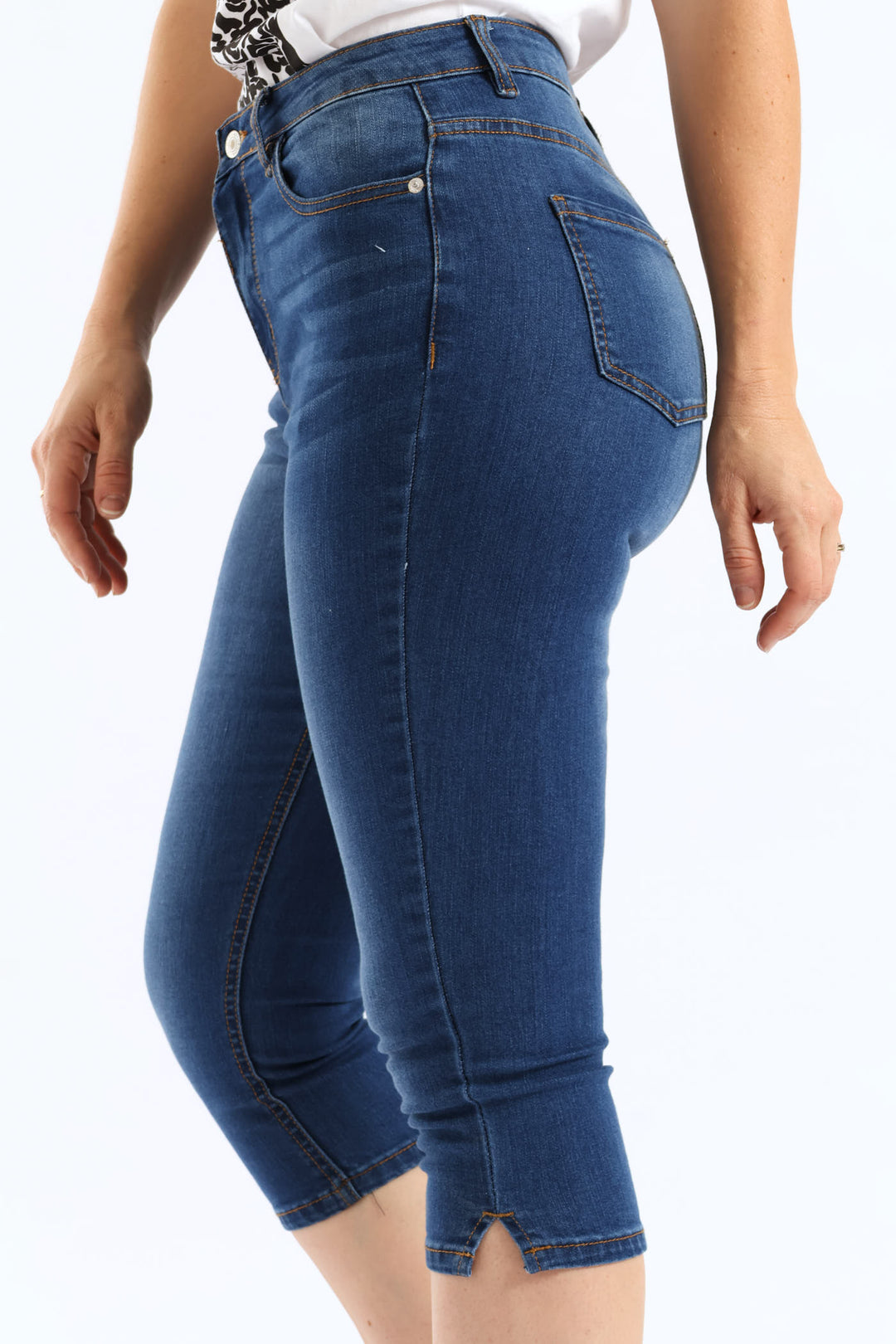 Split Hem Skinny Supersoft Denim Capri Short - Mid Wash