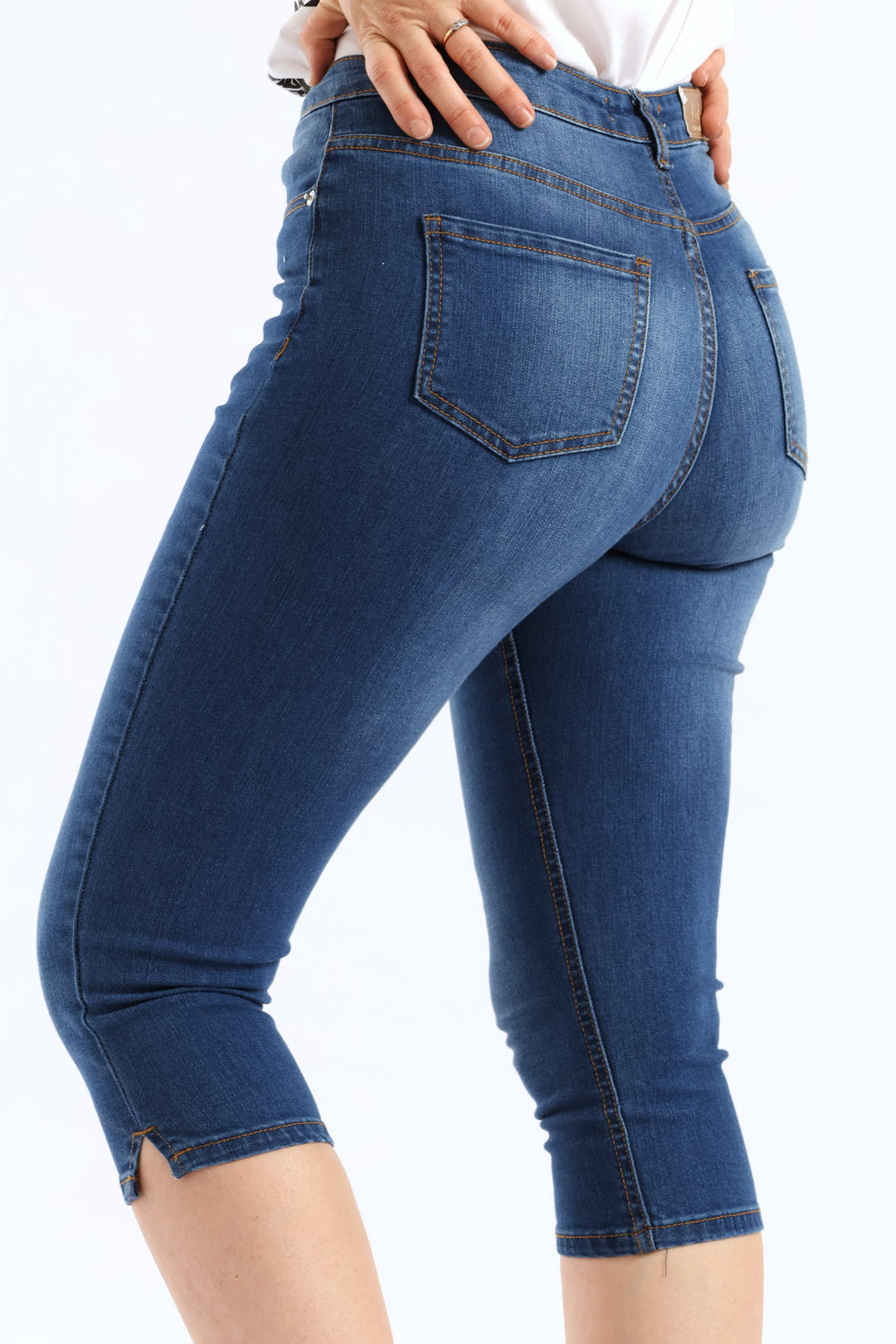 Split Hem Skinny Supersoft Denim Capri Short - Mid Wash