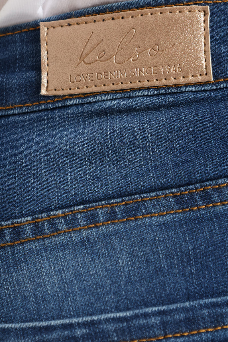 Split Hem Skinny Supersoft Denim Capri Short - Mid Wash