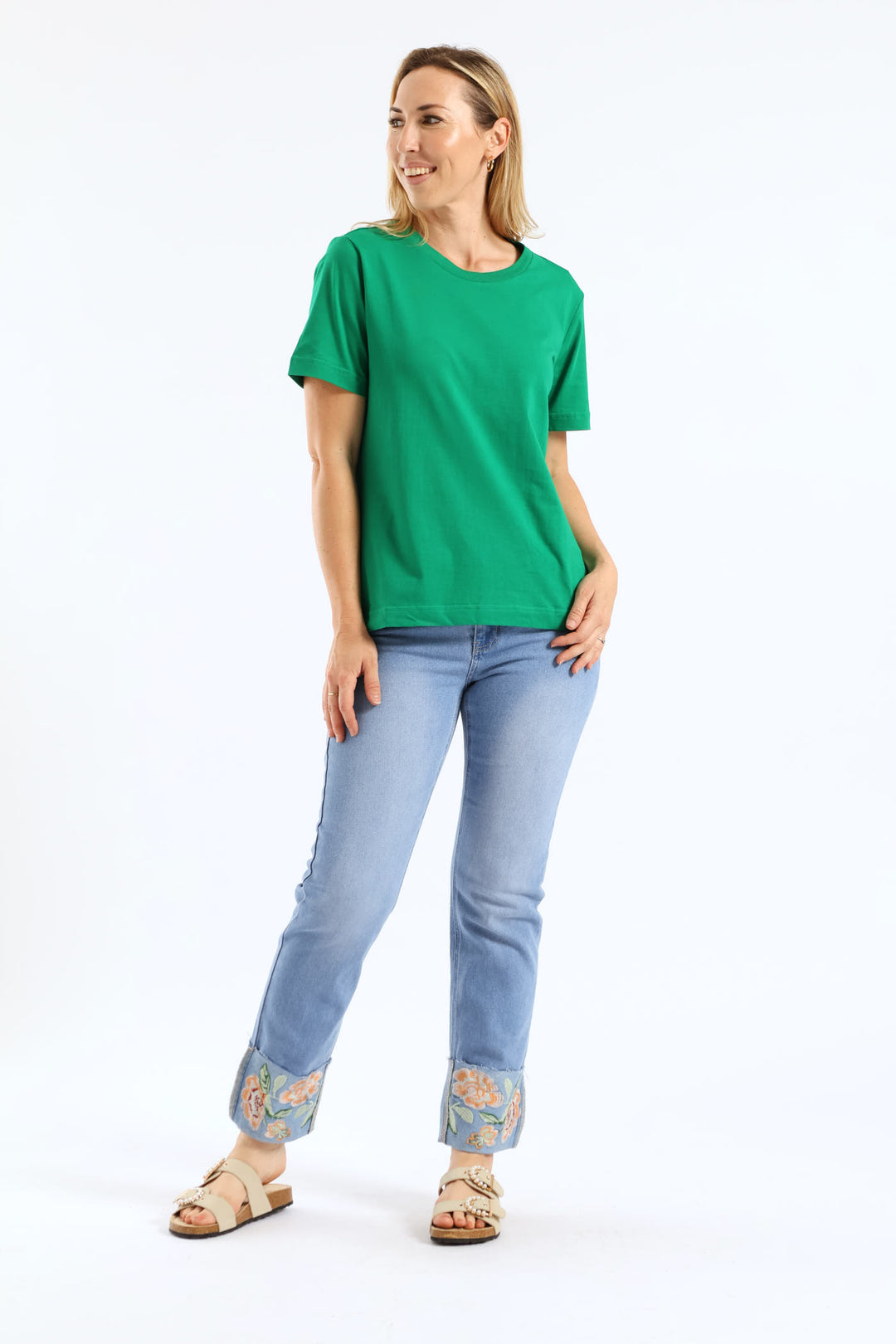 Rib Neck Cotton Boxy Tee - Emerald