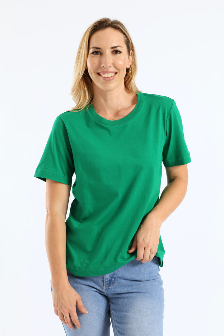 Rib Neck Cotton Boxy Tee - Emerald