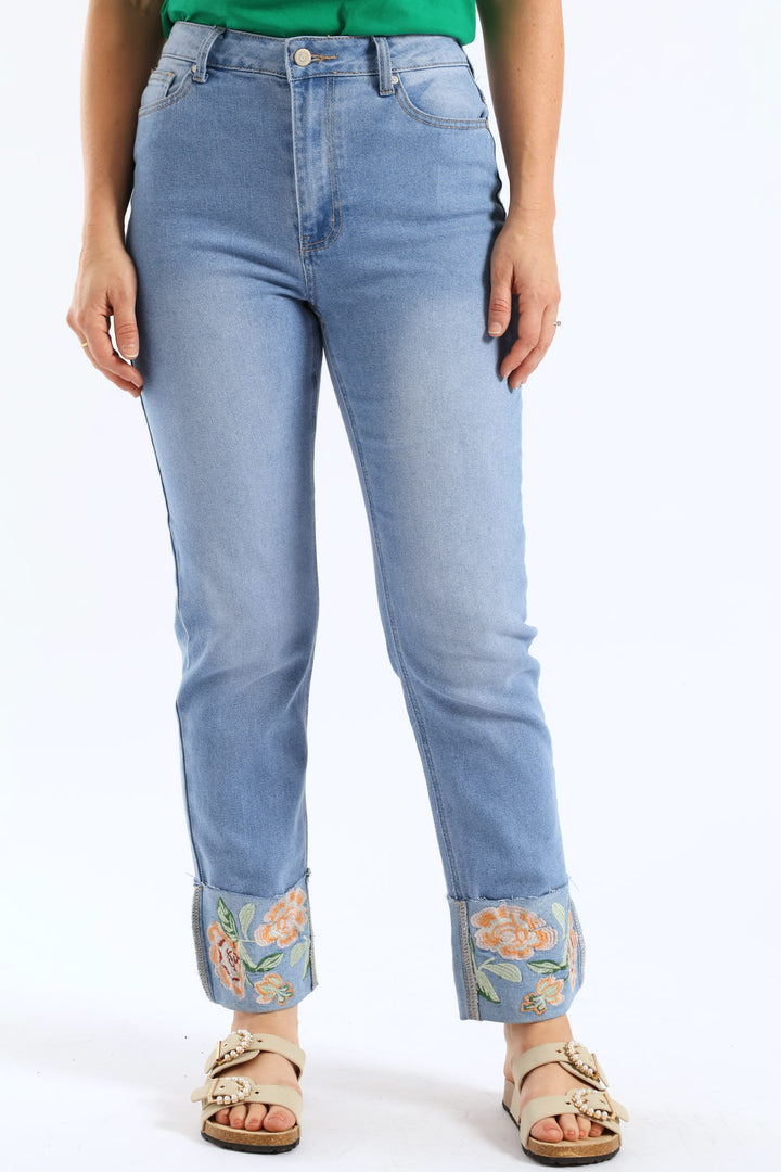 Embroidered Turn Up Hem Straight Leg Jean - Light Wash