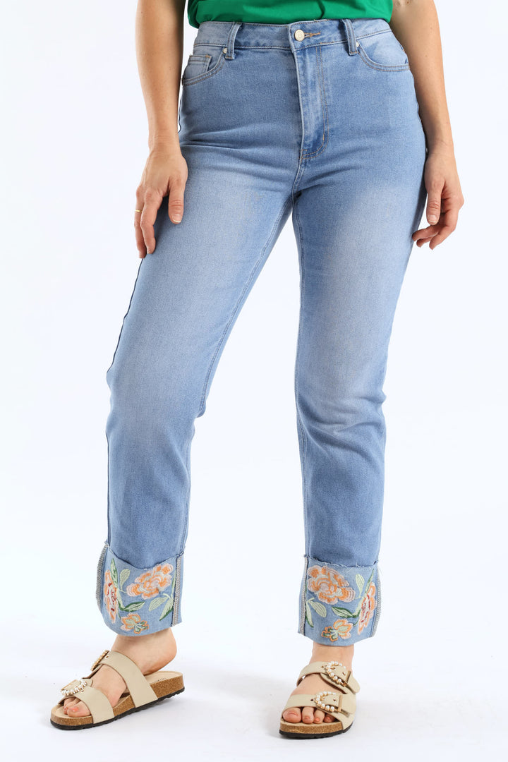 Embroidered Turn Up Hem Straight Leg Jean - Light Wash