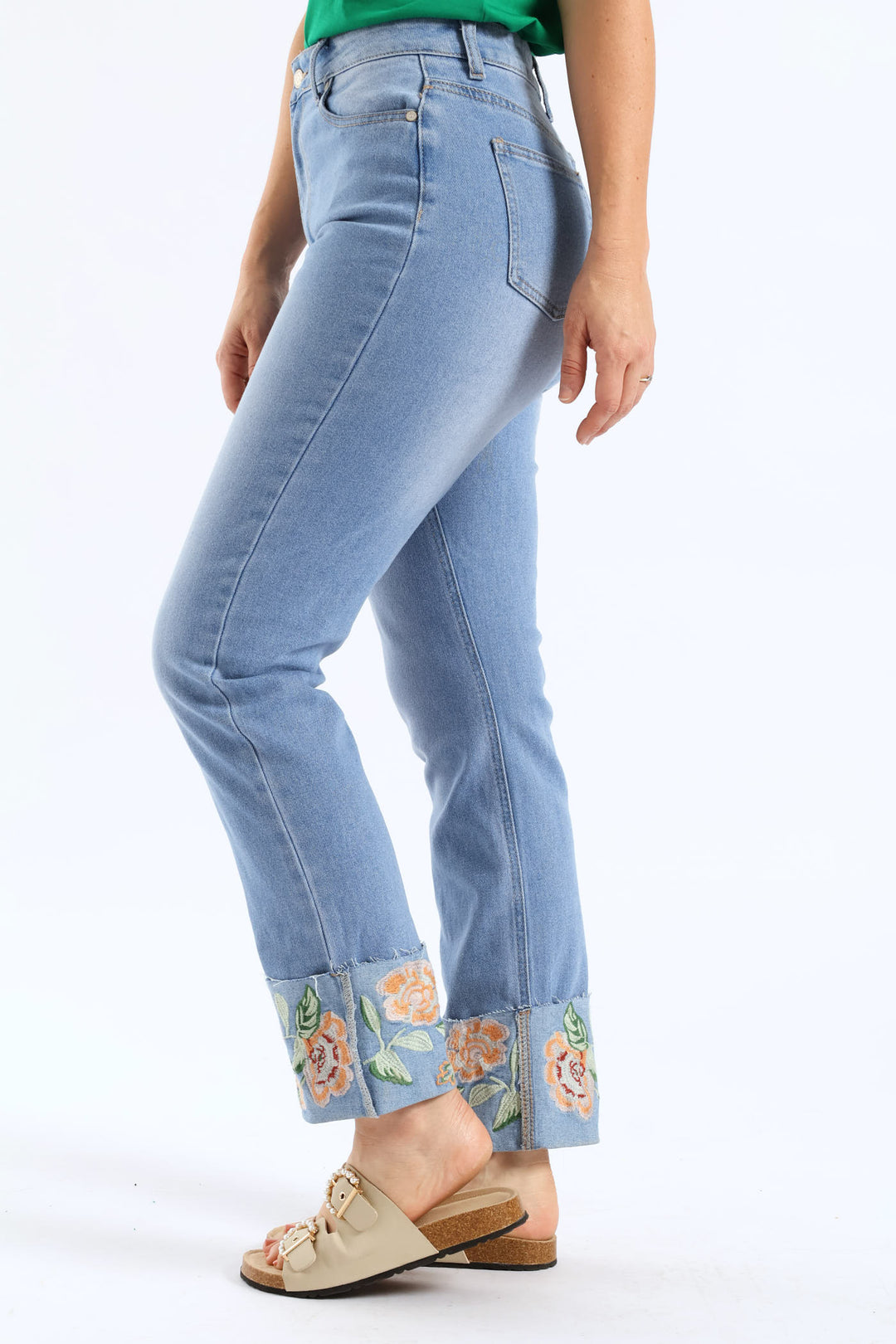 Embroidered Turn Up Hem Straight Leg Jean - Light Wash