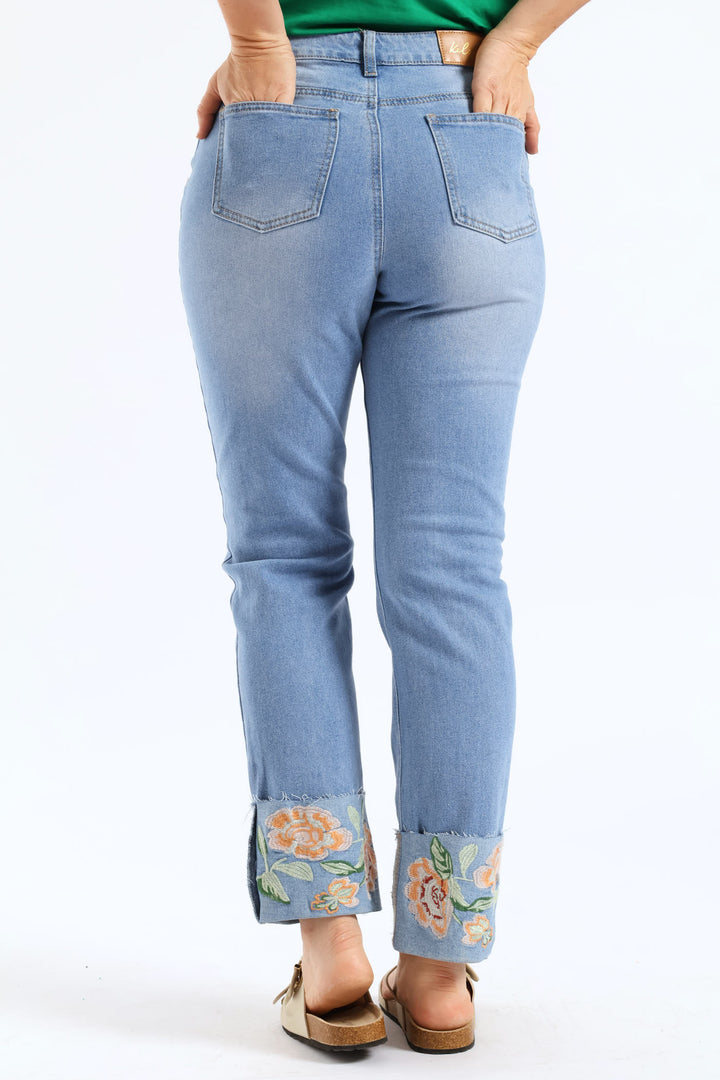 Embroidered Turn Up Hem Straight Leg Jean - Light Wash