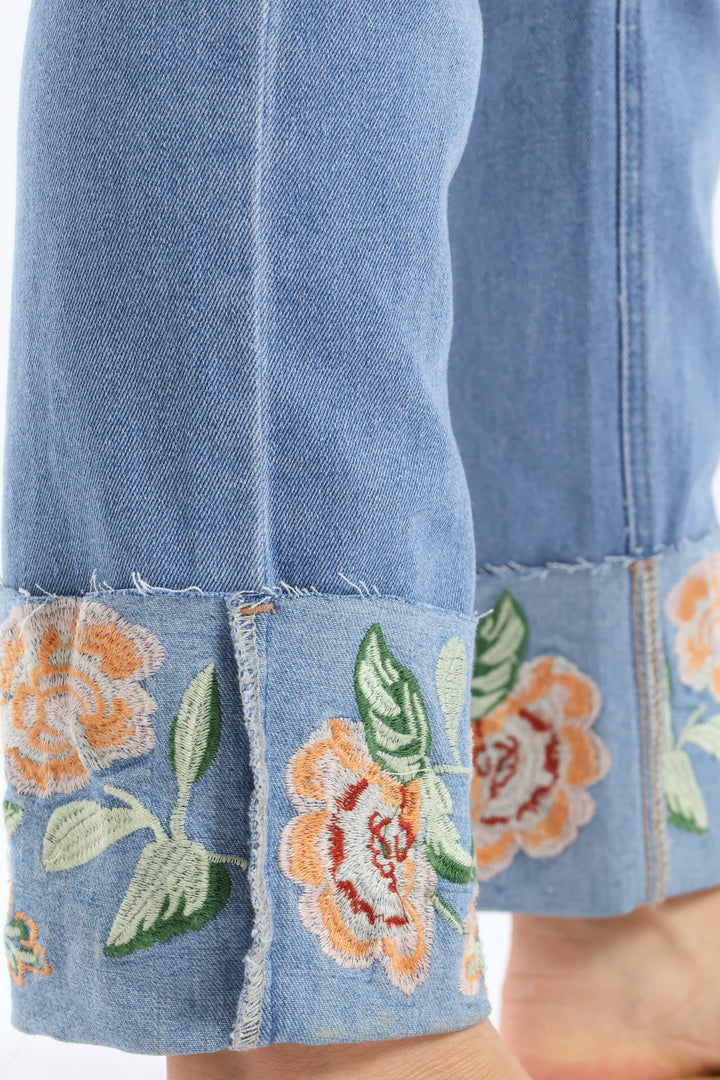 Embroidered Turn Up Hem Straight Leg Jean - Light Wash