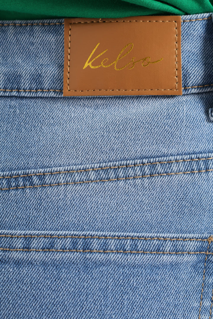 Embroidered Turn Up Hem Straight Leg Jean - Light Wash