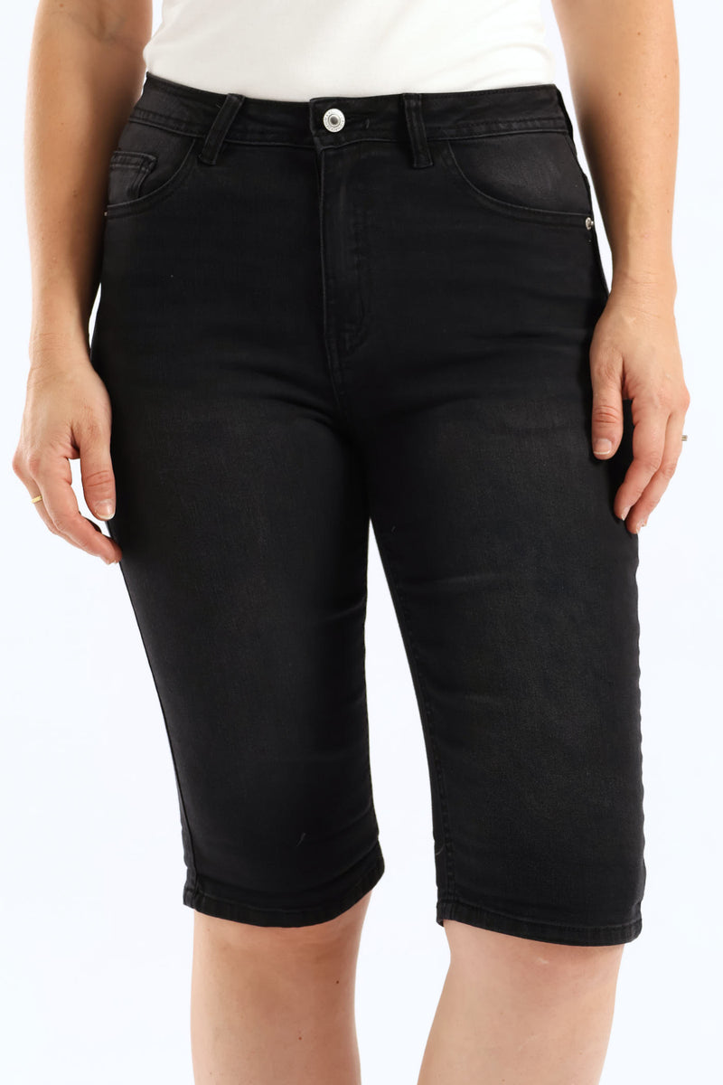 Classic Roll Hem Bermuda Supersoft Denim Short - Black