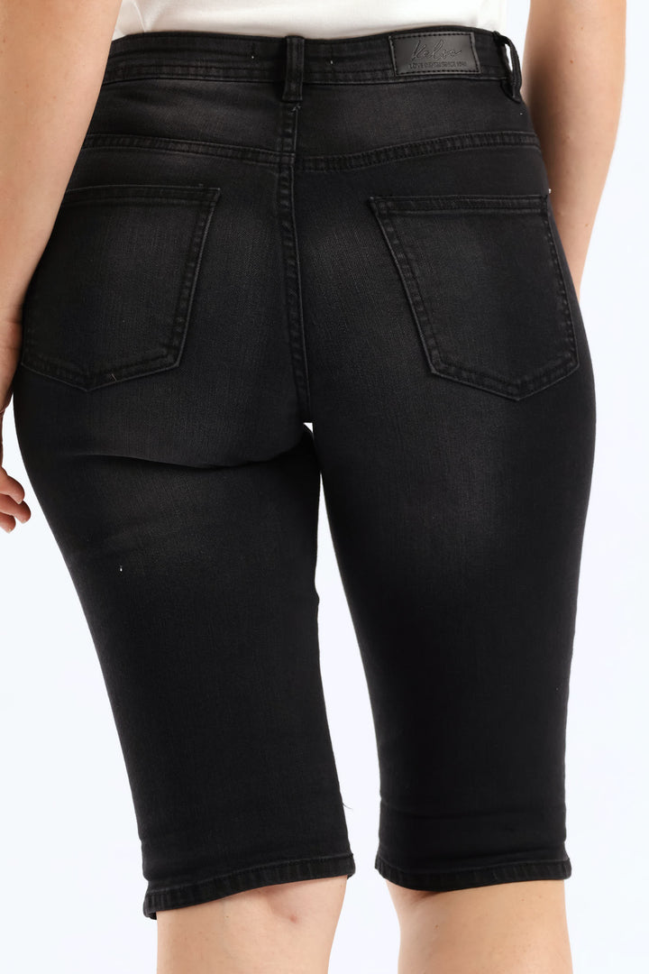 Classic Roll Hem Bermuda Supersoft Denim Short - Black