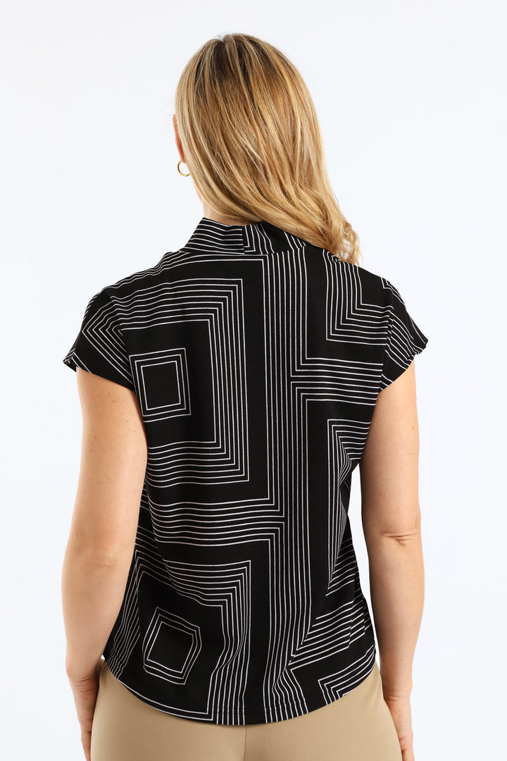 V-Neck Geo Basic Blouse - Black/White