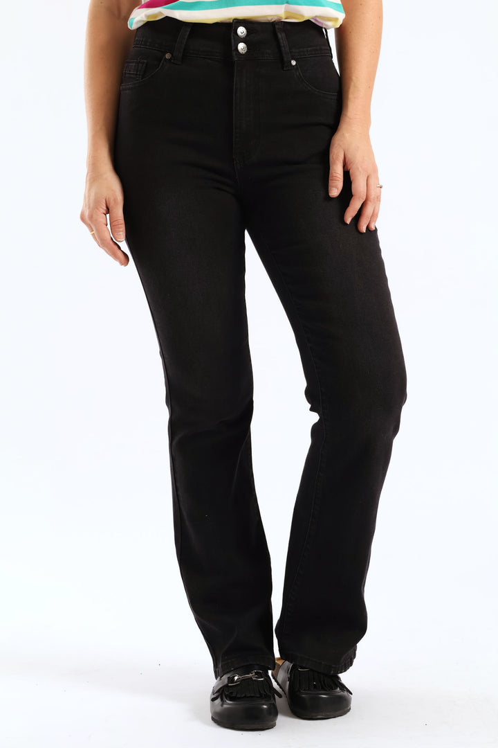 Hi-Rise Double Button Wider Bootleg Jean - Black