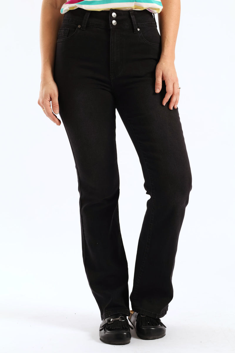 Hi-Rise Double Button Wider Bootleg Jean - Black