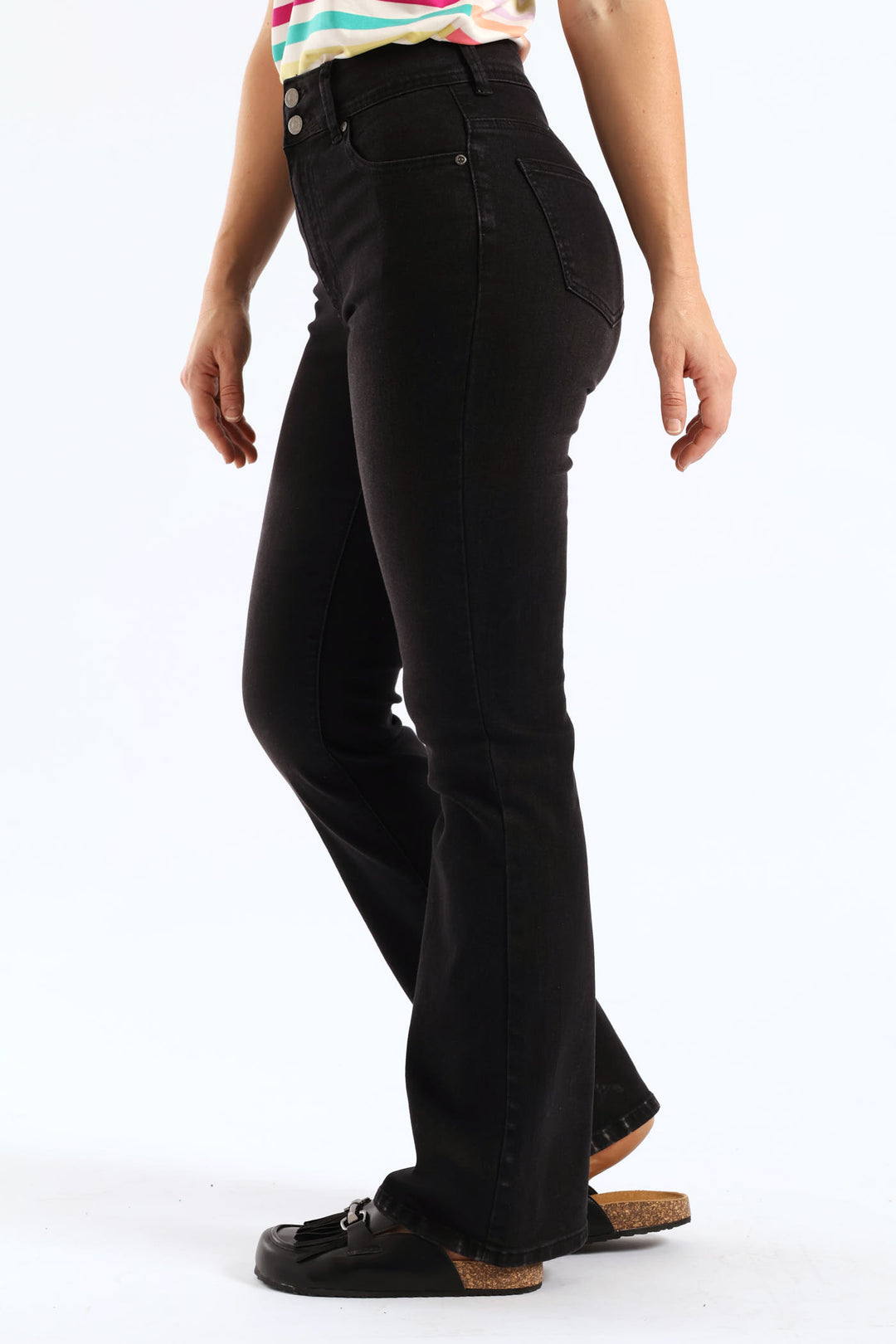 Hi-Rise Double Button Wider Bootleg Jean - Black