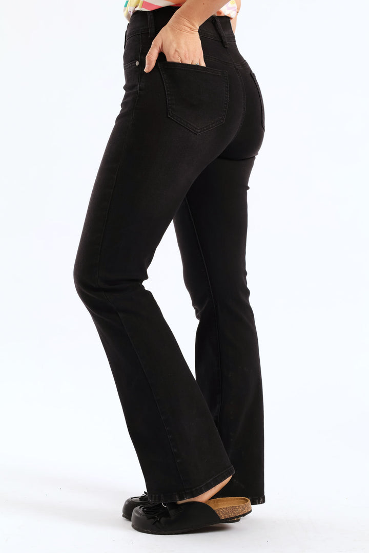 Hi-Rise Double Button Wider Bootleg Jean - Black