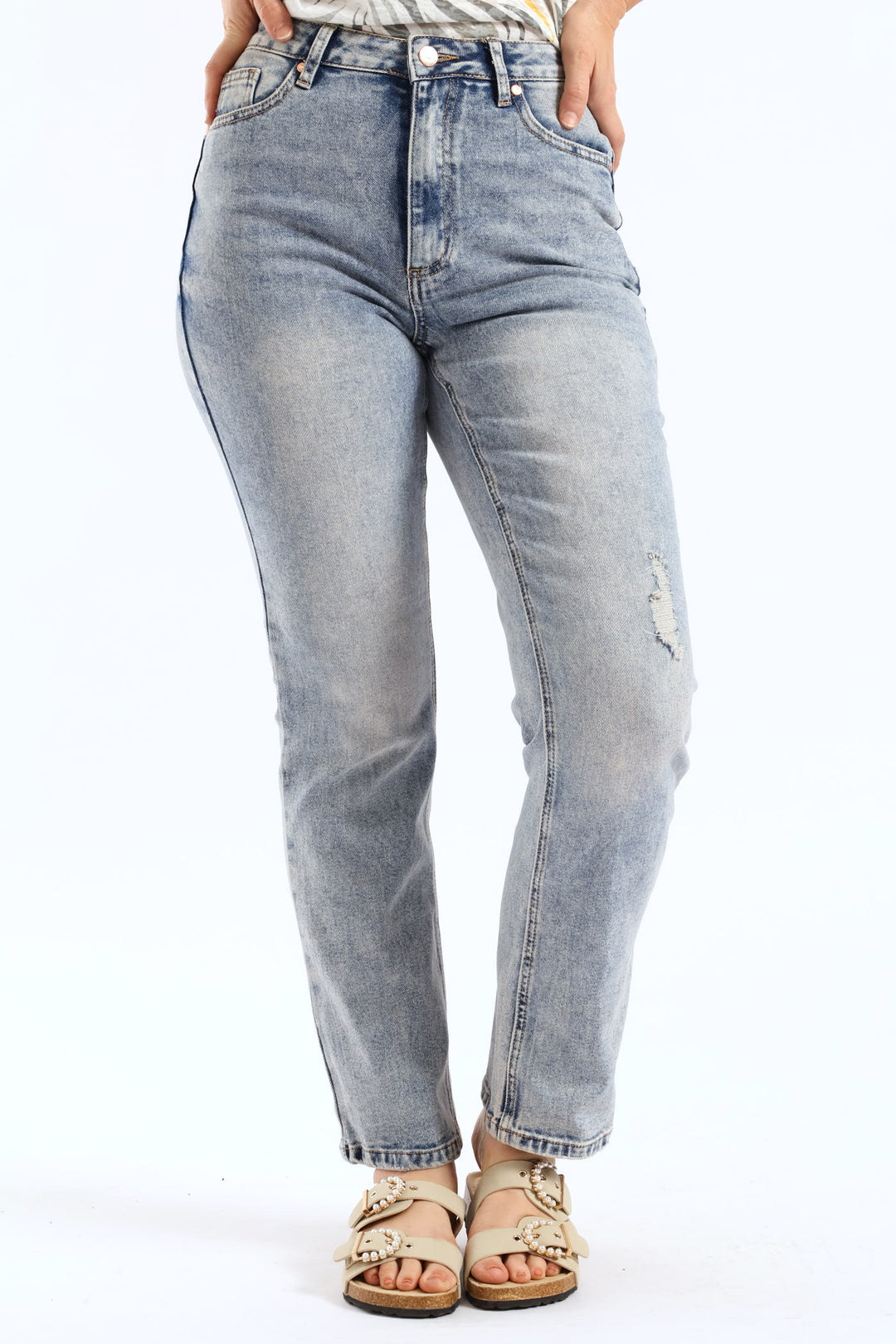 Mid-Rise Rip & Repair Straight Leg Jean - Mid Wash