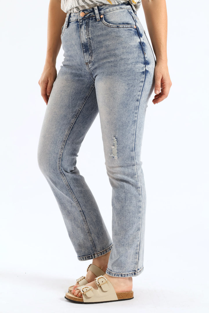 Mid-Rise Rip & Repair Straight Leg Jean - Mid Wash