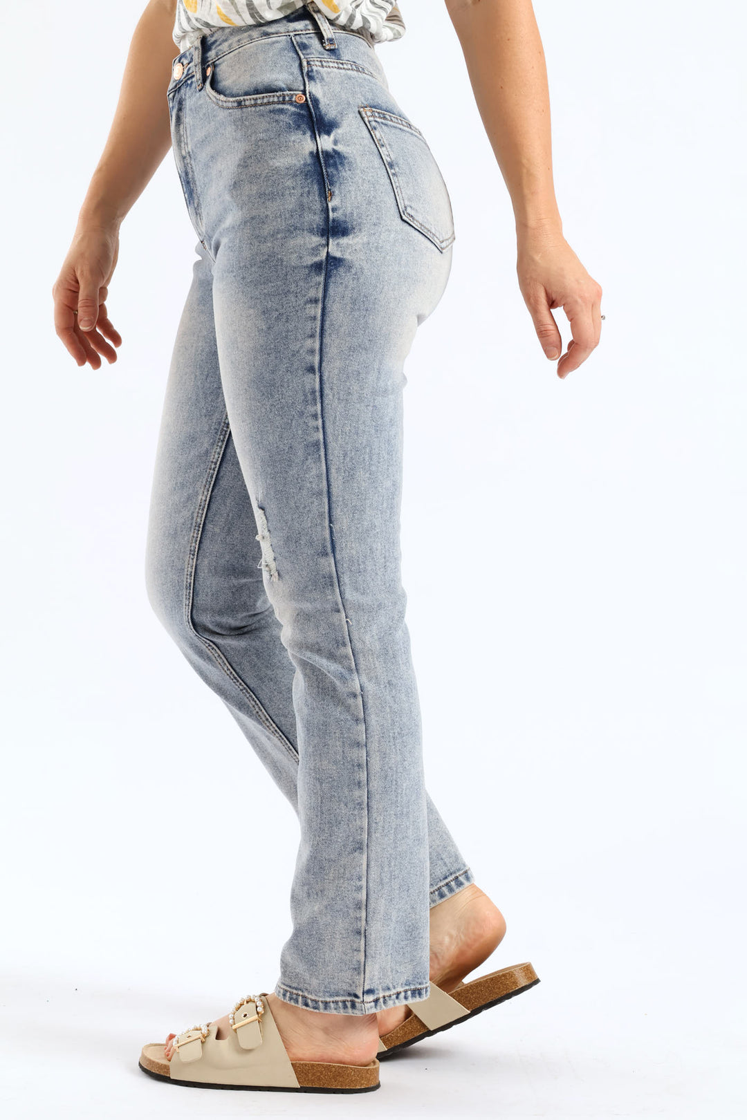 Mid-Rise Rip & Repair Straight Leg Jean - Mid Wash