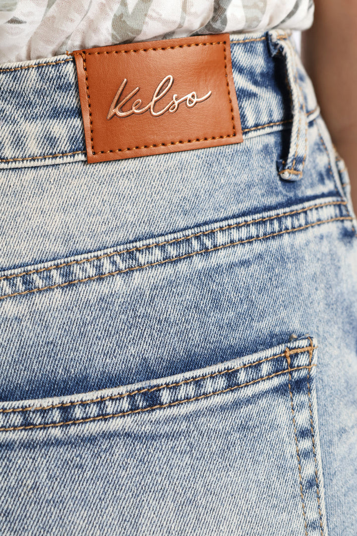 Mid-Rise Rip & Repair Straight Leg Jean - Mid Wash