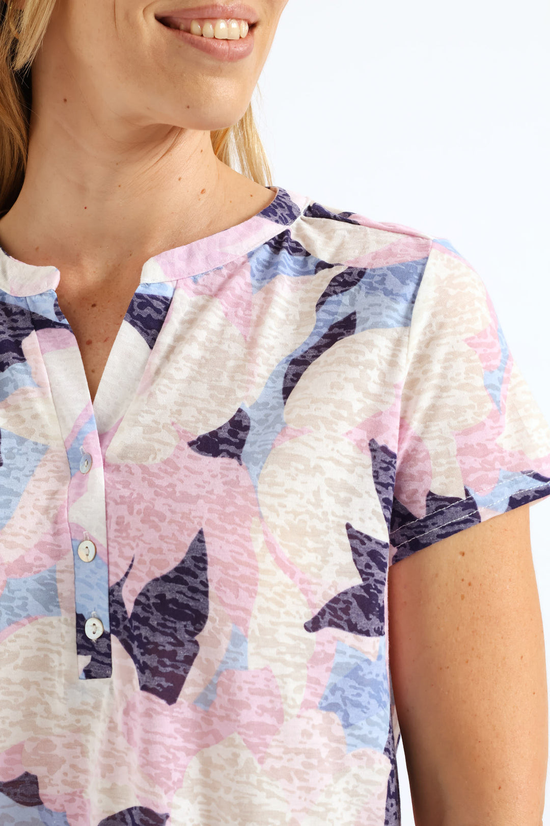 Burnout Henley T-Shirt - Pink/Blue