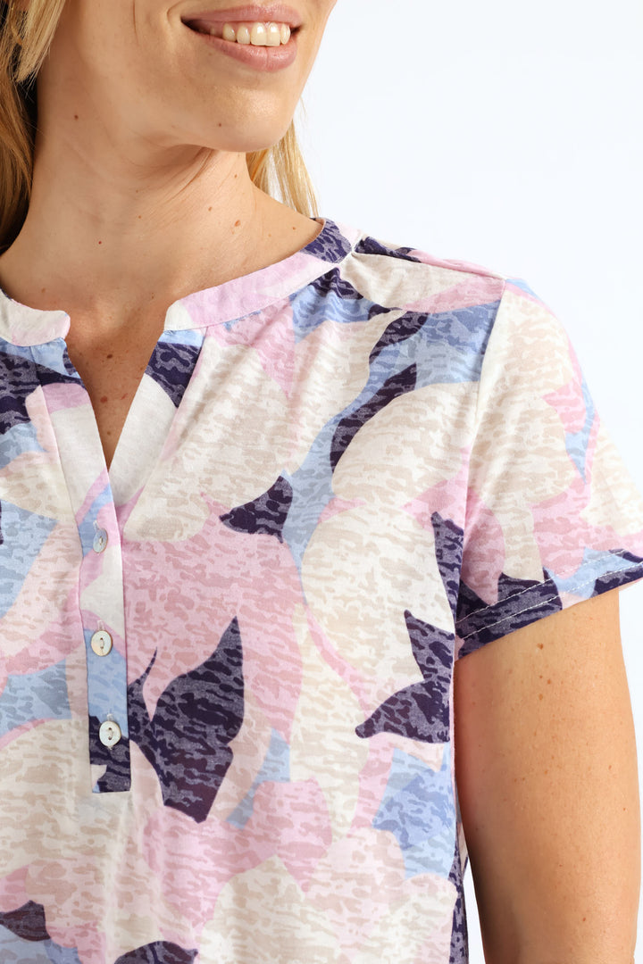 Burnout Henley T-Shirt - Pink/Blue