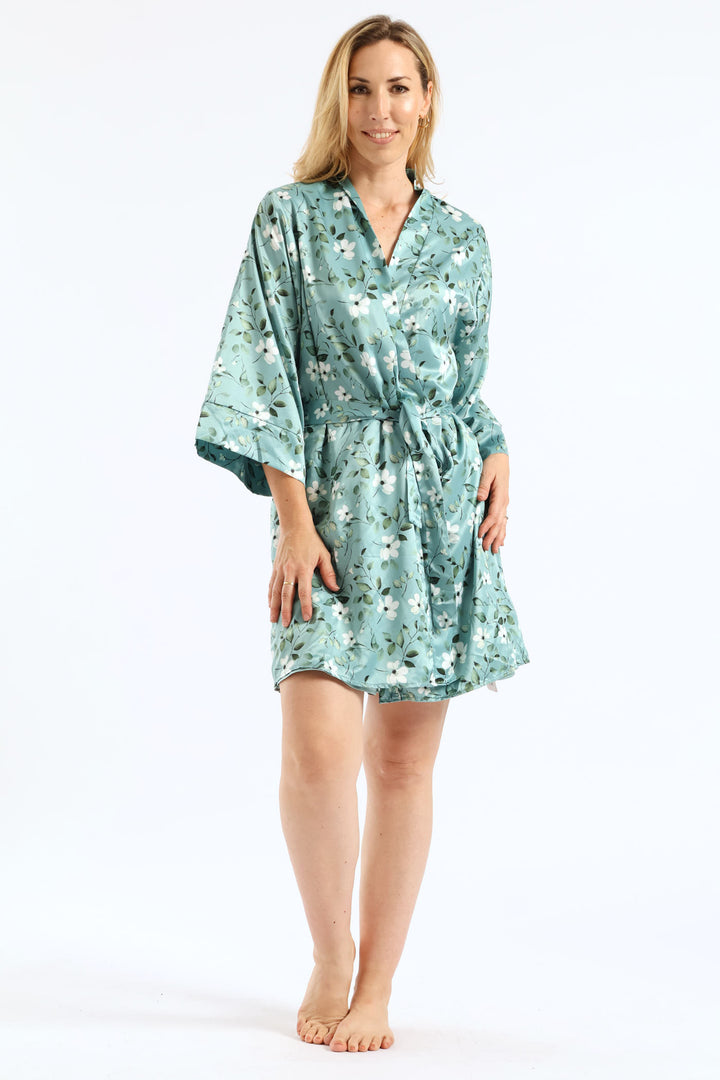 Gown & Chemise Floral Satin Set - Duck Egg